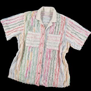 Urban Outfitters UO Rainbow Textured Fringe Stripe Short Sleeve Shirt Cotton L